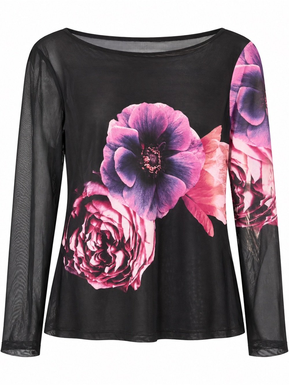 Badgley Mischka Black Mesh Long-Sleeve Top with Pink & Purple Floral Print